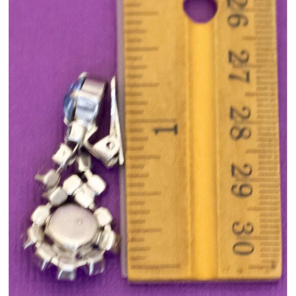 Vintage Vibrant Blue Floral Rhinestone Dangling Clip On Earrings - V24 - Picture 2 of 2